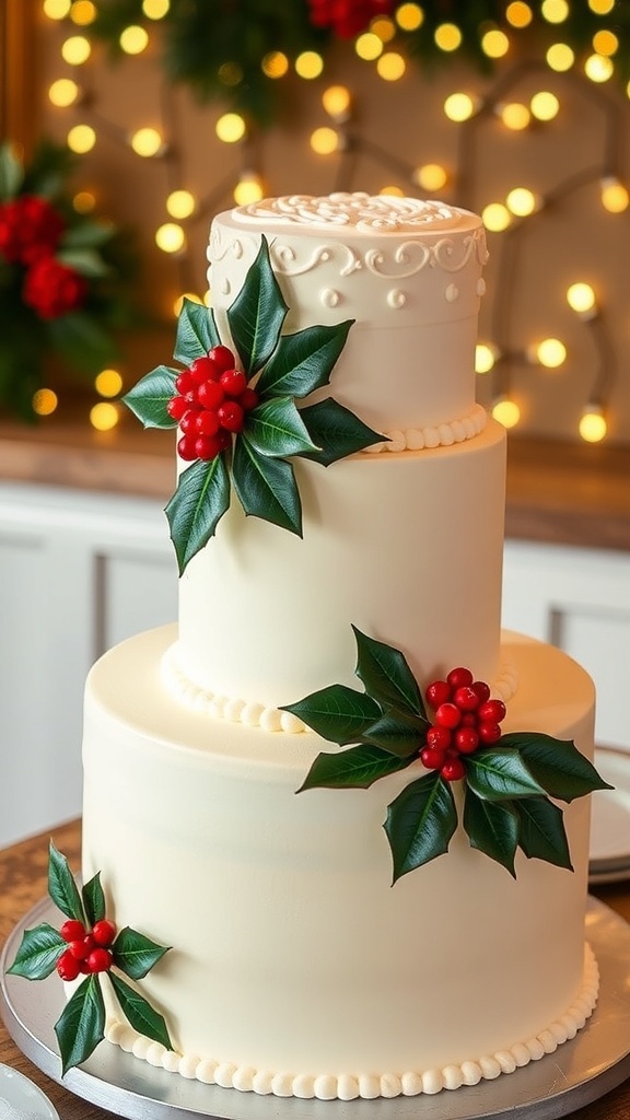 A beautiful two-tier Christmas wedding cake with royal icing, decorated with holly and berries on a rustic table.